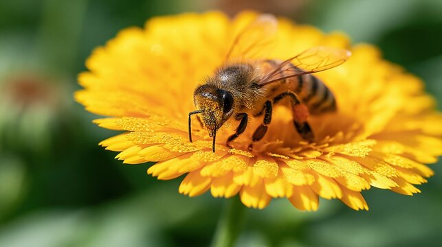 Macro shot of honeybee collecting pollen on yellow