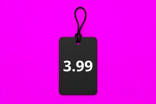 3.99 Price Tag, Black Hanging Label with Lanyard and White Typography on Magenta Background
