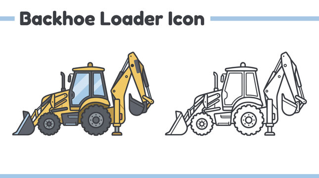 Yellow backhoe loader construction vehicle vector illustration icon set featuring colored and line art versions of heavy machinery equipment for industrial design