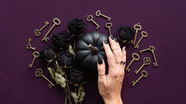 A hand with black nail polish touches a black pumpkin surrounded by dried black roses and vintage gold keys on a dark purple background.