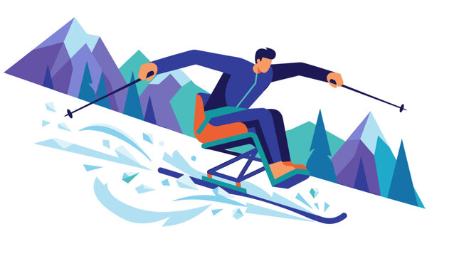Flat vector illustration of a professional para-athlete competing in sit-skiing on a snowy mountain slope with stylized mountains and pine trees in the background during a winter race.