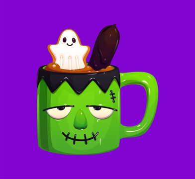 Halloween coffee cup or dessert drink mug with zombie face and ghost for holiday cartoon icon. Halloween cup with Frankenstein monster mug of hot chocolate or spice latte tea and cacao beverage