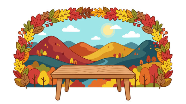 Empty wooden table in autumn mountain landscape frame.