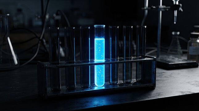 Glowing blue liquid test tube in a dark lab, scientific breakthrough concept