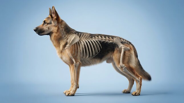 German shepherd skeletal system 3D rendering showing canine anatomy and bone structure on blue background