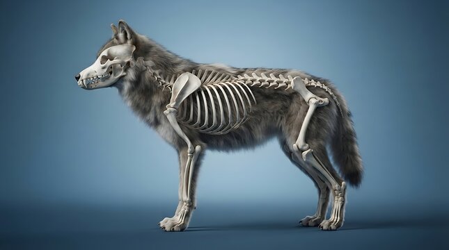 Wolf skeleton anatomy 3D render showing skeletal system and fur on blue background