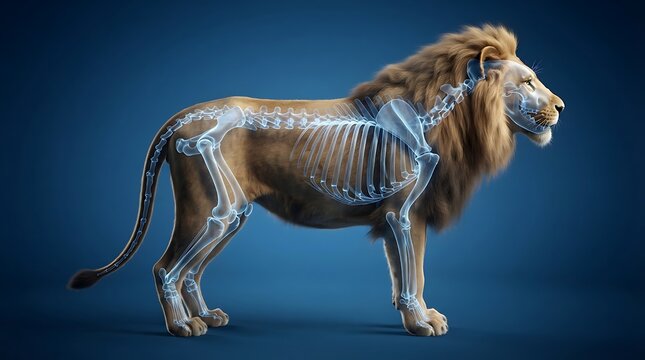 Lion skeleton 3D illustration anatomy visualization showing bone structure inside a big cat with blue background