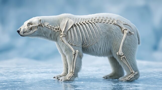 Polar bear skeleton 3D illustration showing anatomy and bone structure in Arctic environment