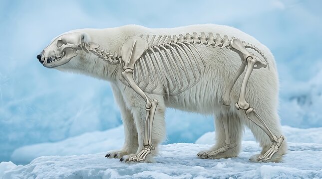 Polar bear skeleton anatomy educational composite photo on arctic snow background