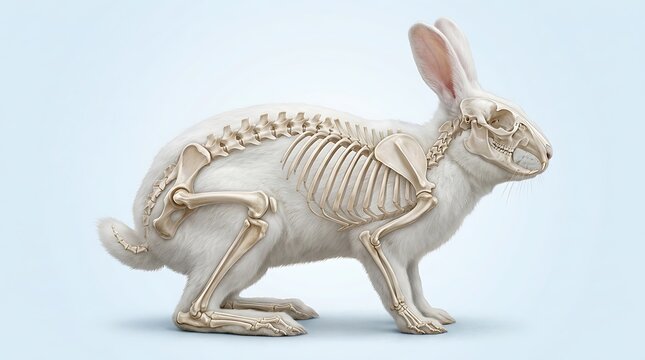 Rabbit skeleton 3D illustration, anatomical structure of a white hare with visible bones, skull, and spine on a light background