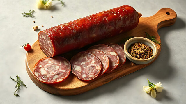 Whole capicola salami on wooden board with spices, cured meat and deli concept