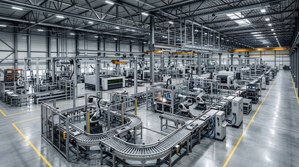 Fototapeta premium Industrial manufacturing hall interior with heavy machinery robotic assembly lines production systems metal fabrication units automated mechanics workspace engineering facility heavy industry