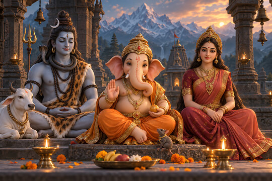 Divine mahadev ganesh and durga family seated in temple celebrating ganesh chaturthi maha shivratri and durga puja with lamps offerings and sunset