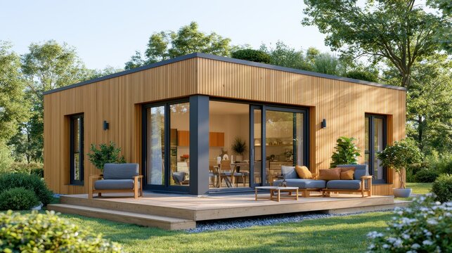 Modern Timber Modular House with Wooden Deck and Garden