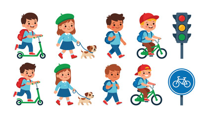 Fototapeta premium Cute school children character set going to school riding scooter bicycle walking with dog traffic light and bike lane sign vector illustration