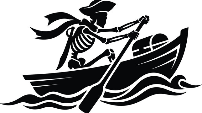 Skeleton pirate silhouette rowing wooden boat with treasure chest on sea waves for spooky Halloween vector design