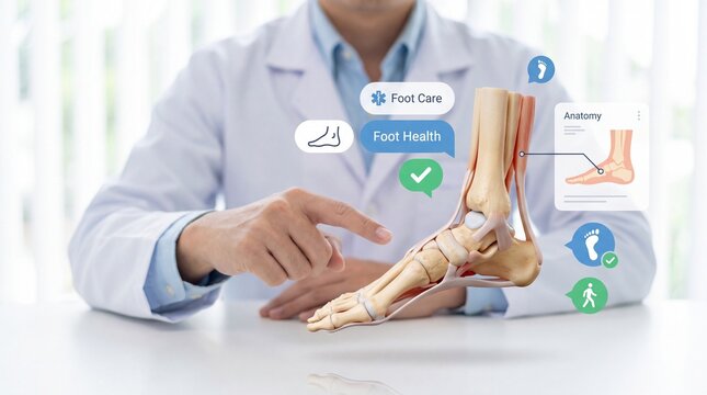 Doctor pointing at a human foot skeleton model with medical icons in a clinical office with professional points detailed health icons floating detailed anatomical physiotherapy