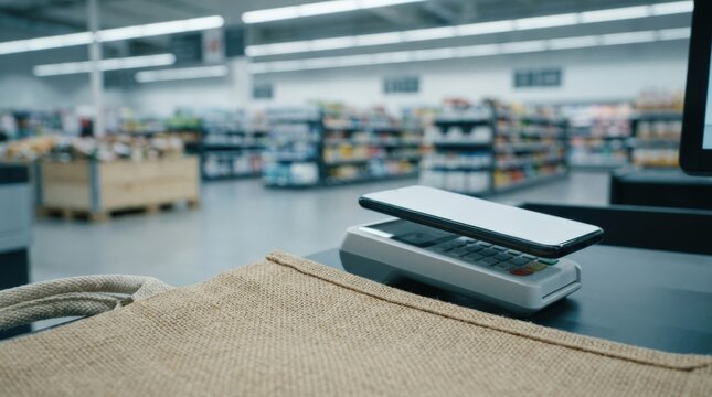 Smartphone Contactless Payment at Supermarket Checkout Counter