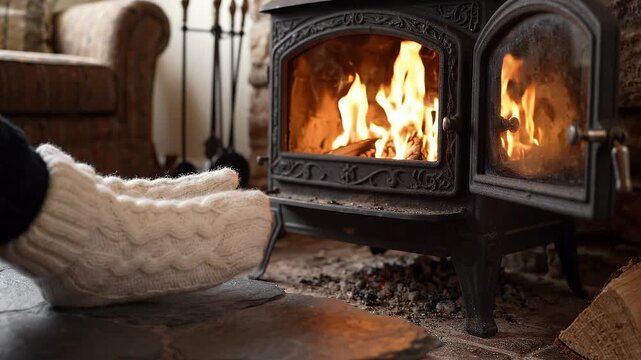 Cozy Feet in Wool Socks Warming by a Rustic Wood Burning Fireplace
