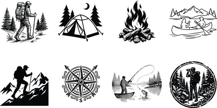 Vintage Outdoor Adventure Vector Set Featuring Hiking Camping Campfire Canoeing Fishing Compass and Mountain Exploration Illustrations