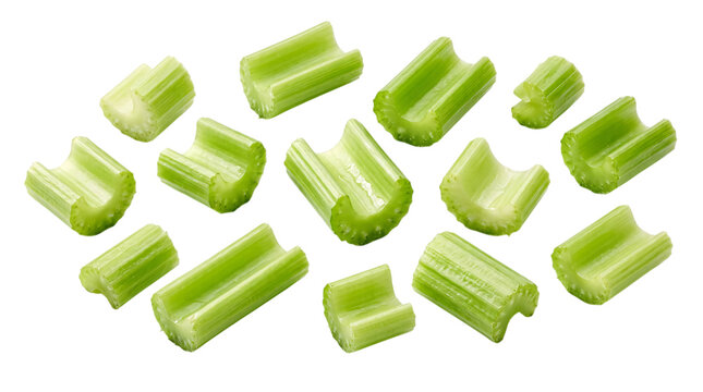 Chopped celery stalks arranged in a pattern isolated on png transparent background
