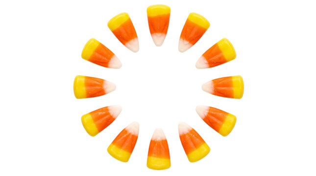 Circle of candy corn halloween treats on isolated on png transparent background