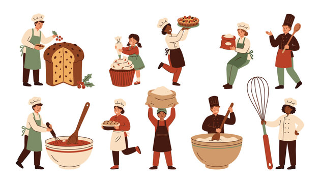 Pastry chef and baker character set with diverse people baking sweet cakes bread cupcakes pies and holiday panettone