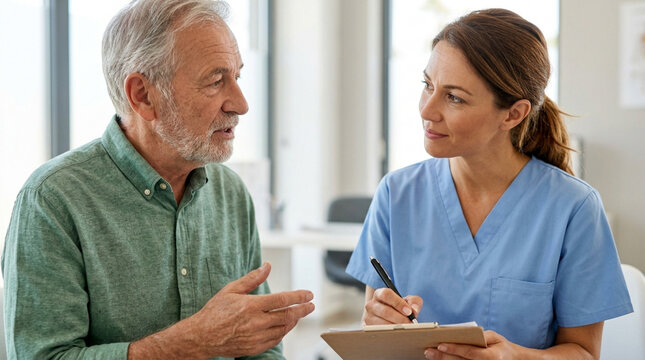 Doctor consulting patient in clinic, writing notes on clipboard