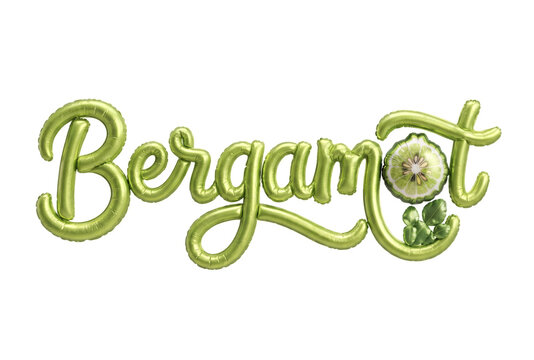 Green metallic foil balloon typography Bergamot word with citrus fruit slice 3D illustration