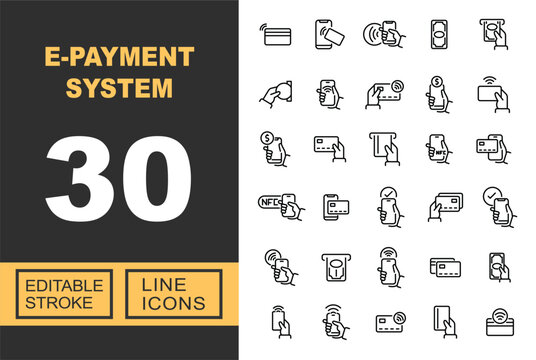 E-Payment System Web Icon Set in Linear Style. Collection of finance line icons, including card, phone, transfer, money, wallet, terminal, touch, signal, pay, and check. Editable stroke