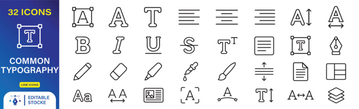 32 Common Typography Vector Outline Icons Set &ndash; Font, Text, Letter, Alignment, Editing and Typography Line Symbols Collection.