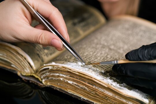 Expert conservator restoring antique book pages using tweezers and brush