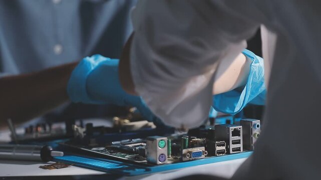 Technician using soldering iron on electronic circuit board for hardware repair, engineering diagnostics, manufacturing maintenance