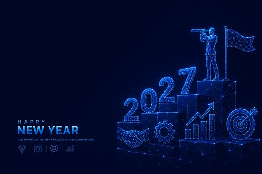 Business growth concept for new year 2027 featuring a successful professional looking through a telescope from atop a financial chart career advancement strategic planning future vision