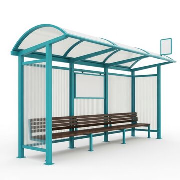 Modern green metal bus stop shelter with a long bench for passengers waiting in the city
