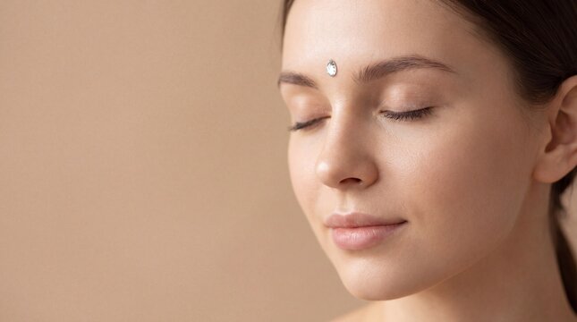 Portrait of a serene woman with closed eyes and a decorative jewel on her forehead against a beige background