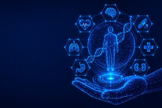 Advanced medical technology and healthcare innovation represented by a digital human figure over a hand with body organ icons digital health body anatomy medical science biotech research