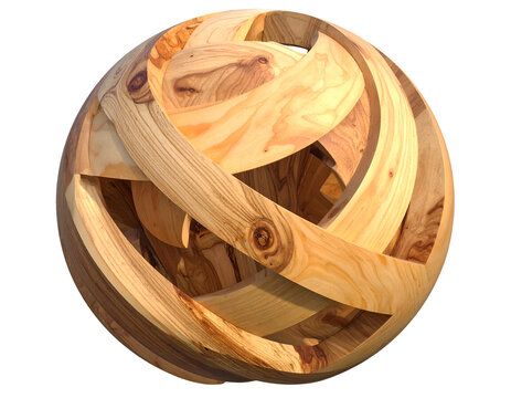 Abstract 3d wood sphere, intricate interwoven wooden planks, natural texture, neutral background