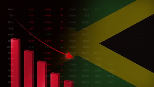 Economic crisis in Jamaica concept background.Red falling graph animation with Jamaican flag.Stock market crash