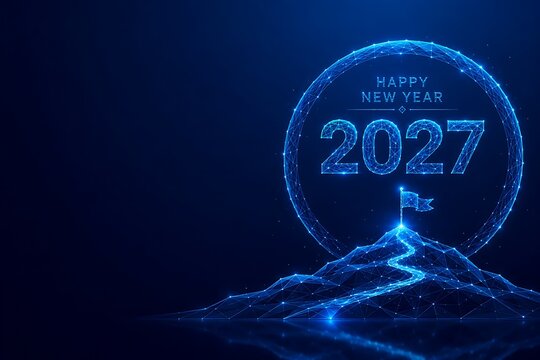 Blue digital wireframe mountain landscape with 2027 happy new year greeting blue background mountain wireframe celebration landscape futuristic technology abstract greeting connectivity