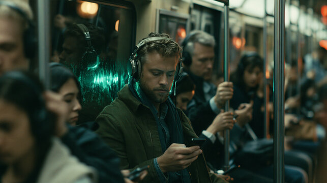Commuter's Solitude: A man with headphones on, engrossed in his smartphone, sits amidst the crowded rush hour of a subway train, finding a moment of personal escape in public transit.