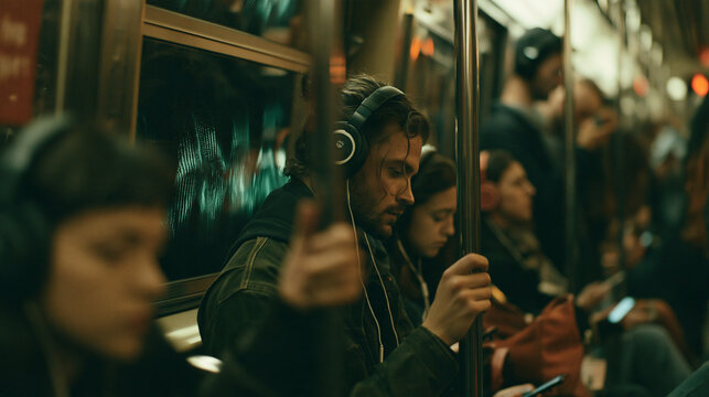 Urban Commute Reflections: A man with headphones on immerses himself in music while riding a crowded subway, reflecting the anonymity and daily grind of city life.