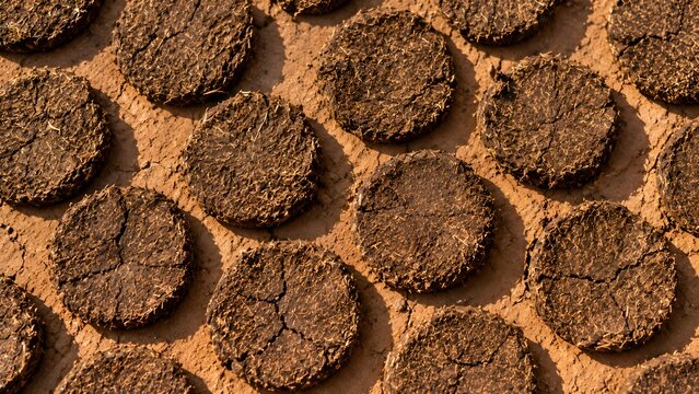 Dried cow dung cakes arranged in rows on the ground for use as traditional fuel in rural India