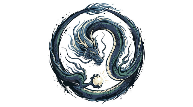 Detailed vector illustration of a traditional Eastern long dragon coiled in a circle holding a glowing pearl, blue and teal mythical creature artwork isolated on white background.