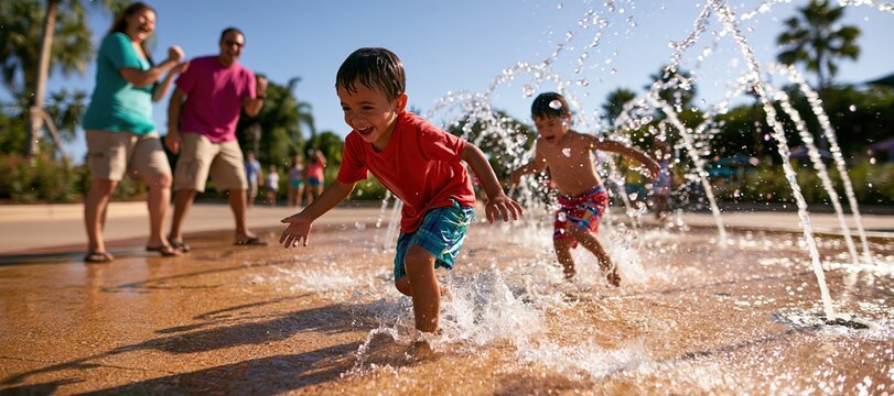 Parents Cheering as Children Run Through Splash Fountains in Summer Park