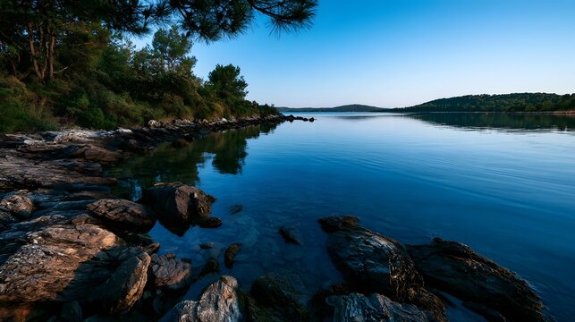 Serene bay with calm blue water  rocky shoreline  and pine trees under clear sky  peaceful natural landscape