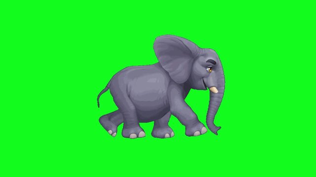 Animated cartoon elephant walking cycle on green screen background