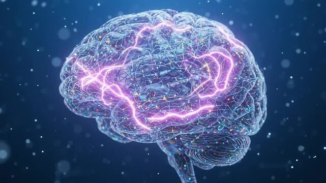 Glowing digital brain model with electric signals flashing inside