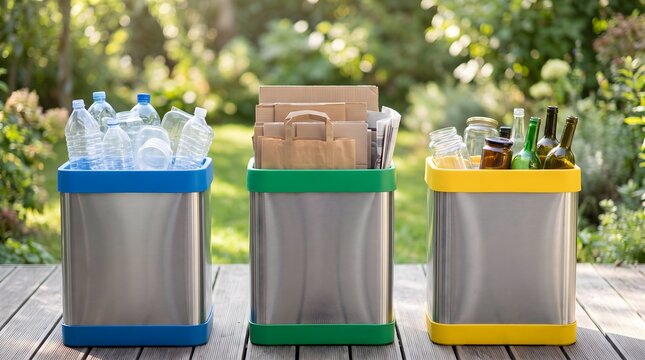 Three color-coded recycling bins for plastic, paper, and glass on a sunny garden deck.