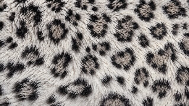 Close up view of soft faux fur fabric with a black and white leopard animal print pattern